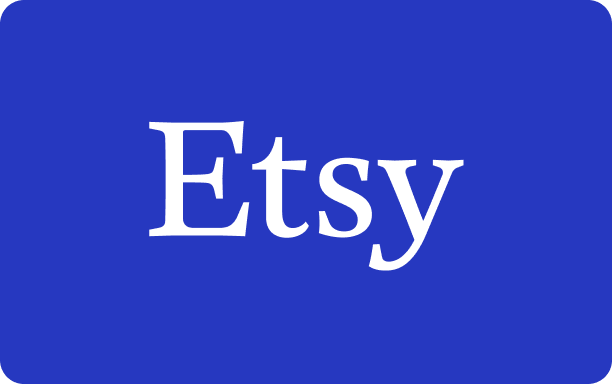 Etsy-logo met witte letters op een blauwe achtergrond