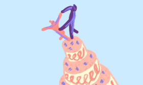Ilustración de una tarta rosa de varios pisos con toques azules y decoración con crema blanca, rematada con una figura azul oscuro de una pareja bailando. El fondo es de color azul claro y se ve el logotipo de Etsy en letras negras en la esquina superior izquierda.