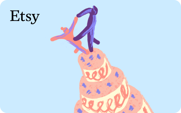青いアクセントと白いデコレーションの上にダークブルーの躍るカップルのケーキトッパーが乗った、複数層のピンクのケーキのイラスト風景は、ライトブルーが背景で、黒い Etsy ロゴが左上隅に入っています。