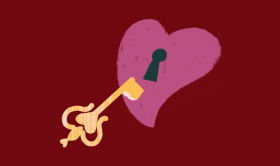 Ilustracja przedstawiająca fioletowe serce z czarną dziurką od klucza. Złoty, bogato zdobiony klucz zbliża się do dziurki. Tło obrazka jest bordowe, a w lewym górnym rogu znajduje się logo Etsy białą czcionką.