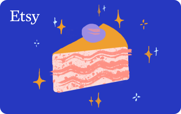 Illustration of a slice of layered cake with pink frosting, topped with a purple decoration resembling a berry. The cake is set against a deep blue background, sprinkled with various white and yellow sparkles. In the upper left corner, there's a white Etsy logo.