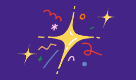 Ilustración de un destello central grande amarillo, rodeado por una variedad de formas coloridas; entre ellas, estrellas, círculos y líneas, que crean una composición dinámica y fantasiosa. El fondo es de color lila oscuro y se ve el logotipo de Etsy en letras blancas en la esquina superior izquierda.