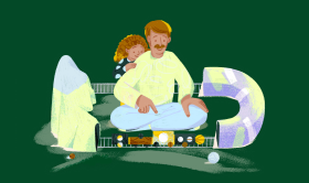 カーリーヘアーの子供とひげのある男の人が緑の床に一緒に座っているイラスト。男の人は白いシャツとライトブルーのパンツを着ており、子供は黒と白の洋服を着て、男の人の背中にもたれかかっています。その周りには、トンネルや山々を通り抜けるおもちゃの列車やおもちゃのボールを含む、様々なおもちゃが囲んでいます。風景は、濃い緑が背景に描かれており、白い Etsy ロゴが左上部に入っています。