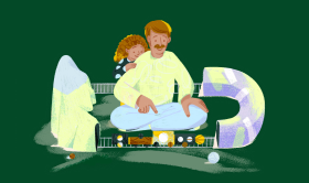 Illustration of a man with a mustache and a child with curly hair, sitting together on a green floor. The man is wearing a white shirt and light blue trousers, and the child is leaning on his back, wearing a black and white outfit. They are surrounded by various toys, including a toy train set weaving through a tunnel and past mountains, and a toy ball. The scene is set against a dark green background with the Etsy logo in white font in the top left corner.