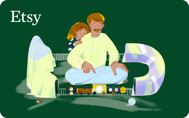 Illustration of a man with a mustache and a child with curly hair, sitting together on a green floor. The man is wearing a white shirt and light blue trousers, and the child is leaning on his back, wearing a black and white outfit. They are surrounded by various toys, including a toy train set weaving through a tunnel and past mountains, and a toy ball. The scene is set against a dark green background with the Etsy logo in white font in the top left corner.
