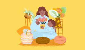 Ilustração de uma mulher e uma criança numa divisão aconchegante. A criança mostra um vaso com tulipas à mulher, rodeada por plantas de interior e dois bancos. A cena passa-se sobre um fundo amarelo com um logótipo Etsy em letra preta no canto superior esquerdo.