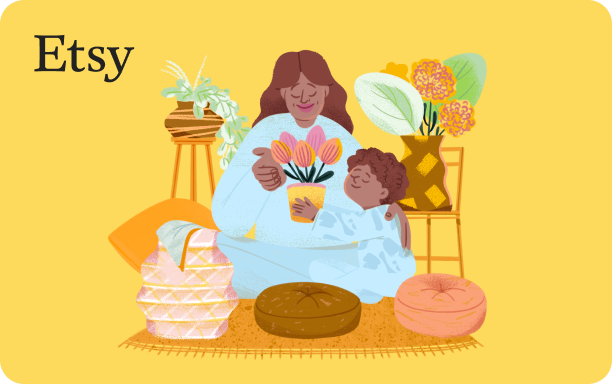 Ilustracja przedstawiająca kobietę i dziecko w przytulnym wnętrzu. Dziecko podaje kobiecie tulipany w doniczce, naokoło znajdują się rośliny domowe i dwa stołki. Tło obrazka jest żółte, a w lewym górnym rogu znajduje się logo Etsy czarną czcionką.
