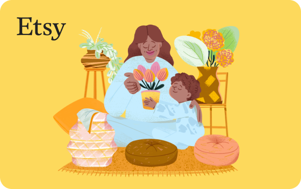 Illustration depicting a woman and a child in a cozy room. The child is presenting a potted tulip plant to the woman, surrounded by indoor plants and two stools. The scene is set against a yellow background, featuring the Etsy logo in black font in the top left corner.