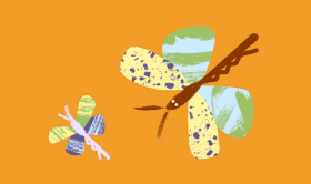 Ilustração de duas libelinhas abstratas com padrões nas asas sobre um fundo cor de laranja, uma maior em primeiro plano e uma mais pequena ligeiramente atrás. A cena passa-se sobre um fundo amarelo-escuro com um logótipo Etsy em letra preta no canto superior esquerdo.